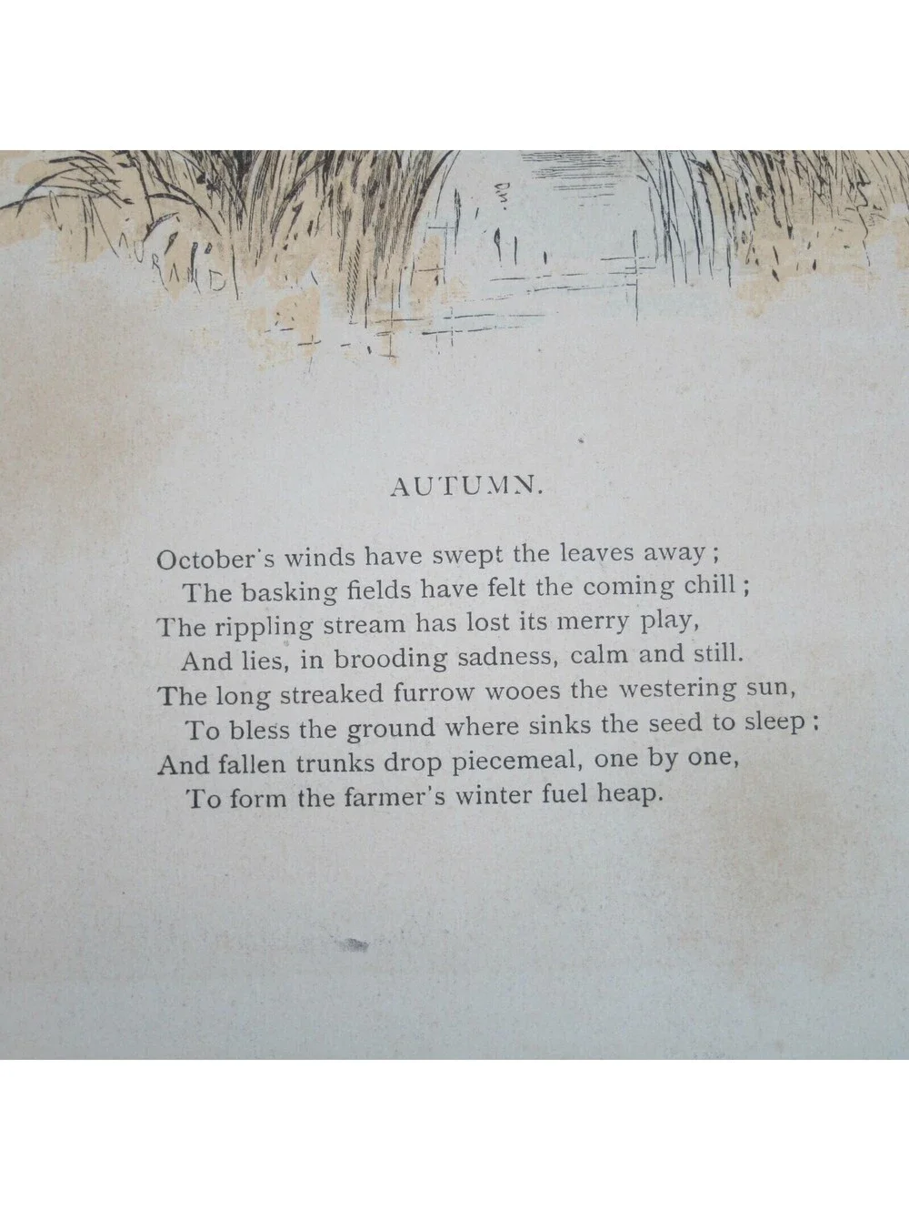 Antique 1870s Engraving Print The Aldine Farm & Stream in Autumn Fall Trees Poem